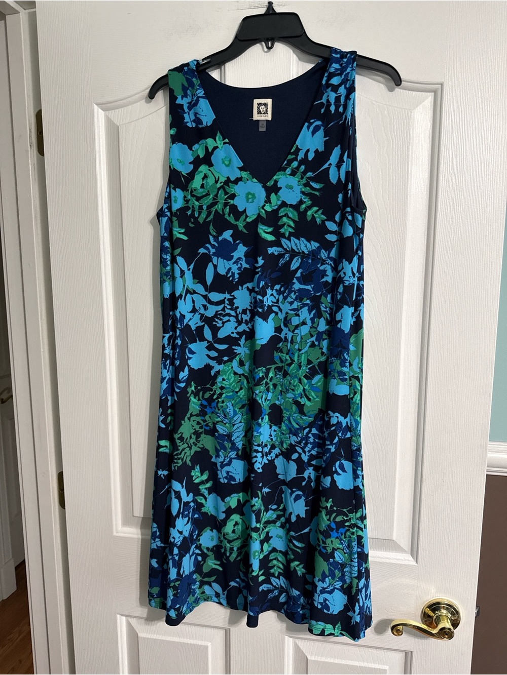 Anne Klein Navy Floral V-Neck Sleeveless A-Line Dress
